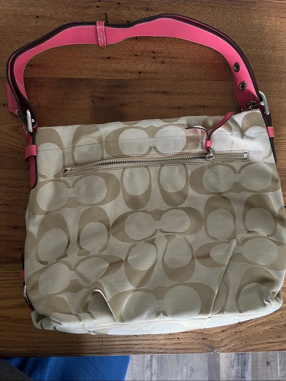 Coach Beige Signature Canvas Shoulder Bag with Pink Leather Strap